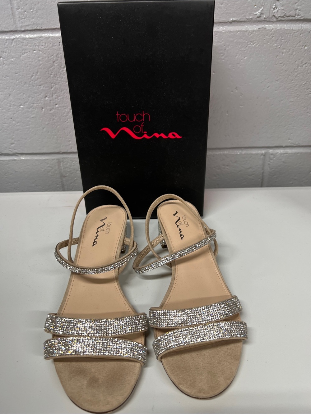 Touch of Nina Beige and Silver Rhinestone Strappy Sandals